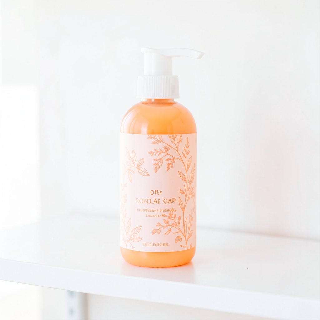 A bright, airy high-key photograph of a botanical hand soap bottle in soft blush packaging, on a clean white shelf