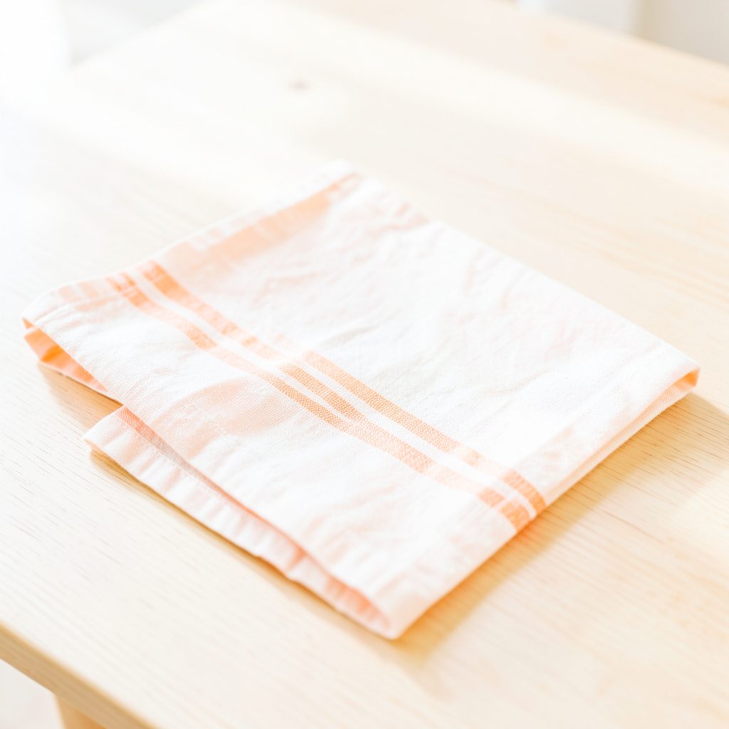 A bright, airy high-key photograph of a linen tea towel with subtle stripe detail, folded on a pale wooden table