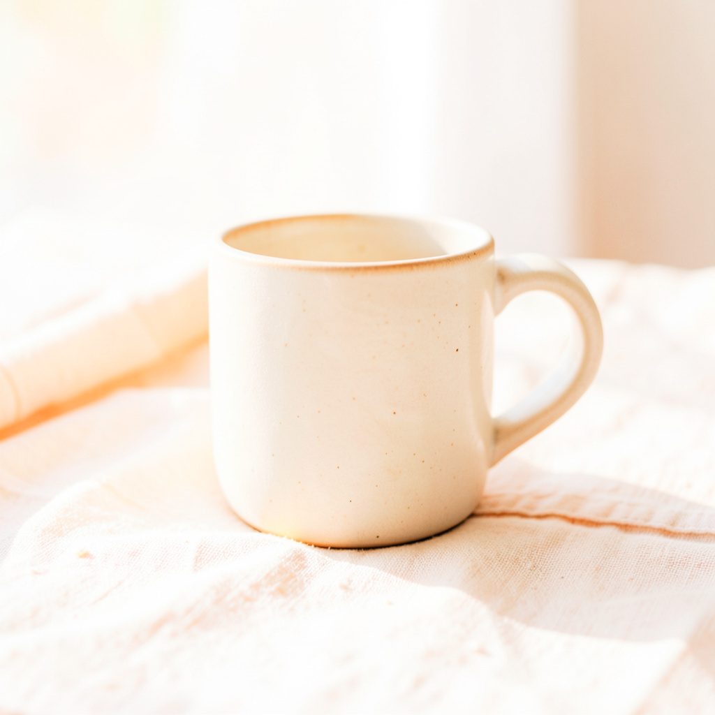 A bright, airy high-key photograph of a simple handcrafted ceramic mug in warm off-white, on a sunlit linen surface
