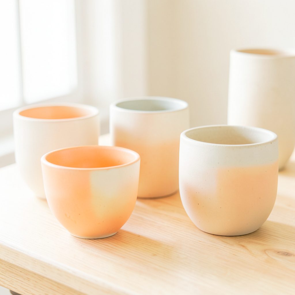 A bright, airy high-key photograph of neutral-toned ceramic vessels arranged on a light wooden surface, with soft natural light