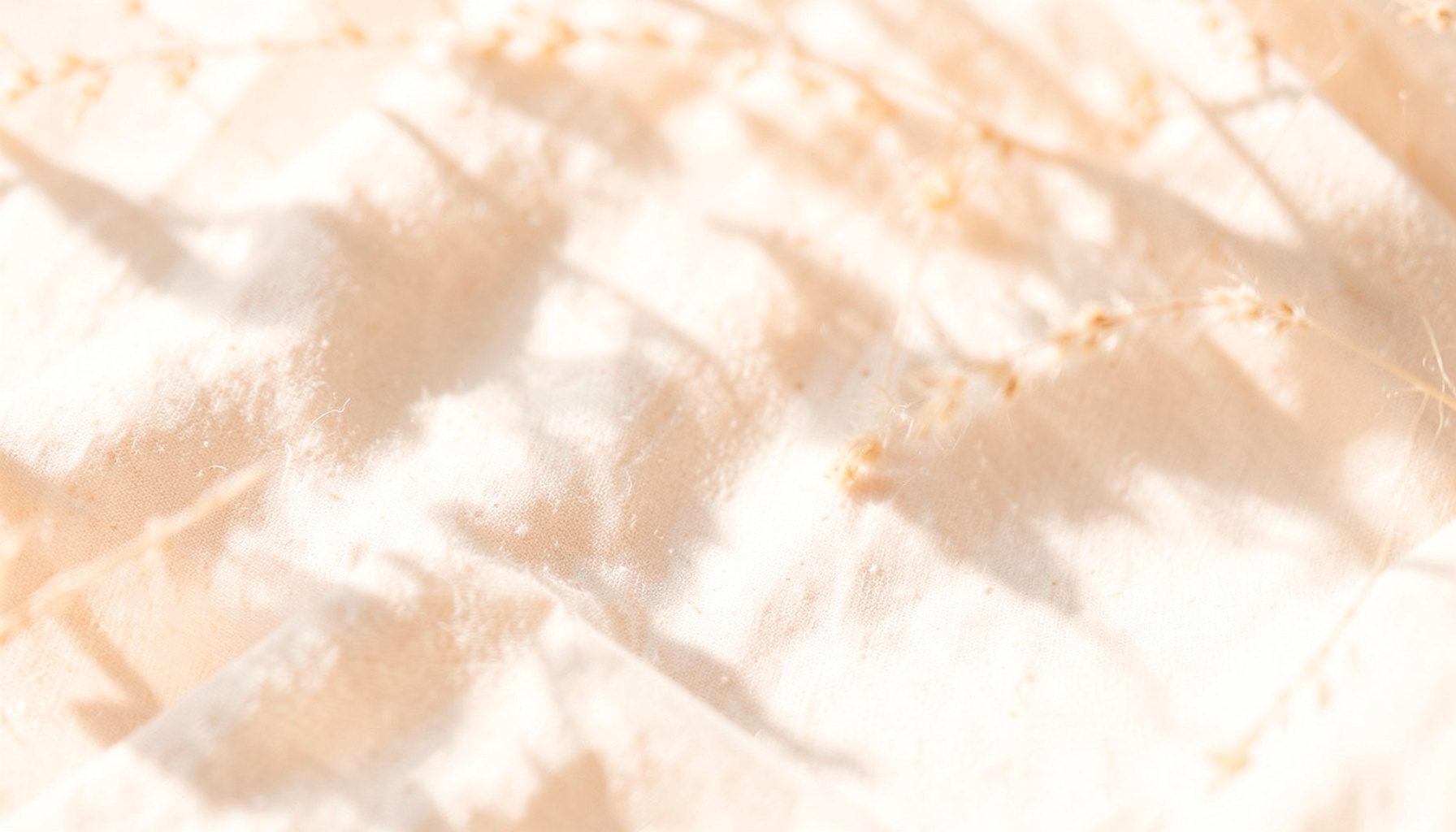 A bright, airy photograph of soft natural textures in warm taupe and cream tones, with gentle botanical shadows and diffused light