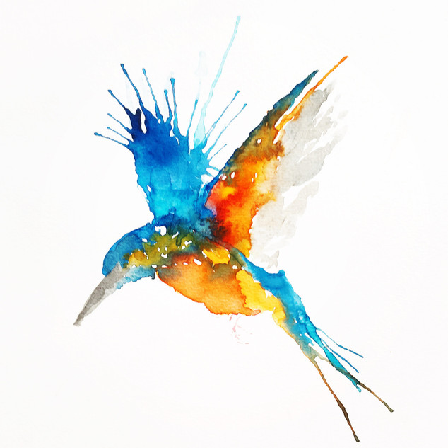 Colorful abstract watercolor painting of a hummingbird in flight with blue, orange, and yellow splashes on white background