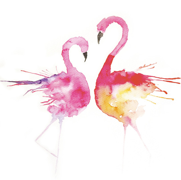 Watercolor painting of two flamingos forming a heart shape with pink, purple, and yellow splashes on white background